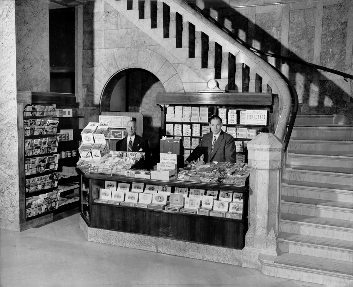 Historical photo of the Mills Building lobby cigar stand